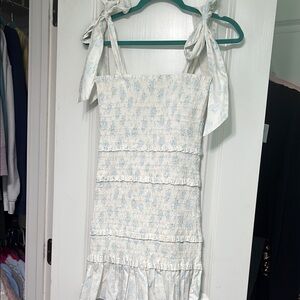 Light Blue and White Smocked Hydrangea Tie-Shoulder Sundress